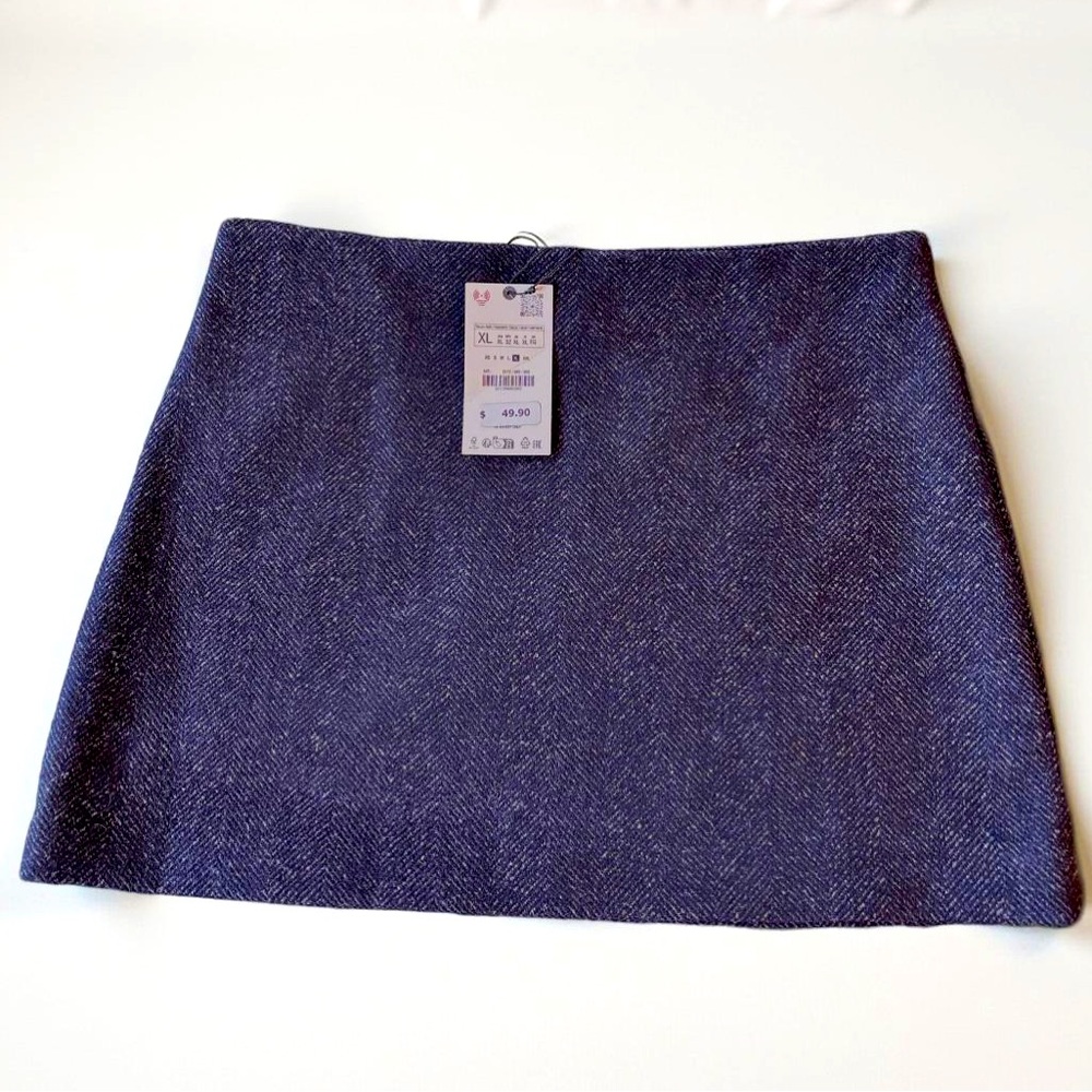 Zara XL Herringbone Pencil Mini Skirt Black Wool-Poly Blend NWT